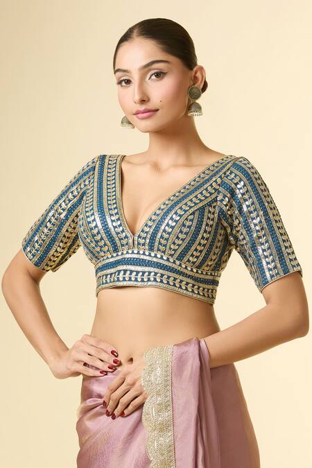Buy Samyukta Singhania Blue Silk Embroidery V-neck Geometric Blouse Online at Aza Fashions Buy_Samyukta Singhania_Blue Silk Embroidery V-neck Geometric Blouse _Online_at_Aza_Fashions