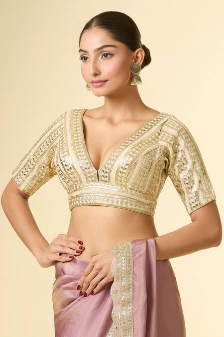 Samyukta Singhania_Gold Silk Sequins, Embroidery V-neck Geometric Blouse _Online_at_Aza_Fashions