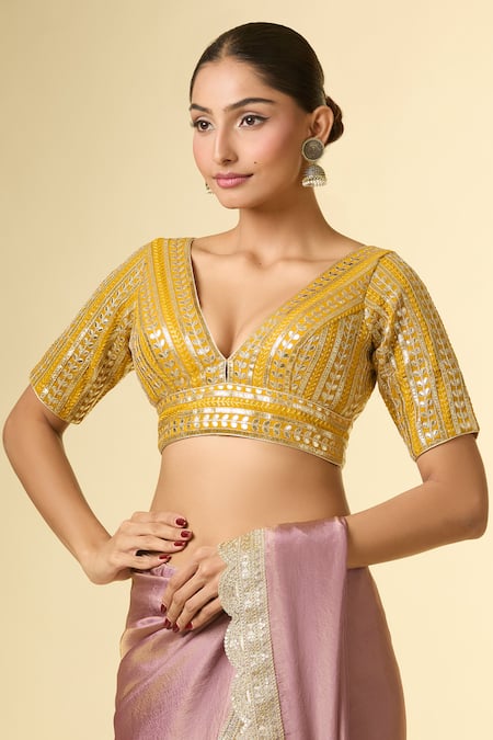 Samyukta Singhania Yellow Silk Gota Patti, Sequins V-neck Embroidered Blouse Online at Aza Fashions Samyukta Singhania_Yellow Silk Gota Patti, Sequins V-neck Embroidered Blouse _Online_at_Aza_Fashions
