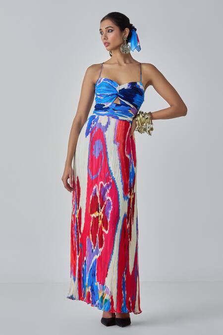 Shop_Saaksha & Kinni_Multi Color Chiffon Sweetheart Neck Layla Ikat Print Maxi Dress _Online_at_Aza_Fashions