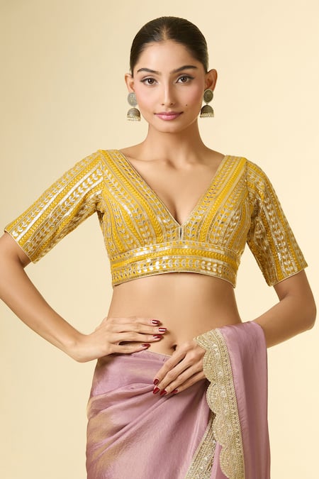 Buy Samyukta Singhania Yellow Silk Gota Patti, Sequins V-neck Embroidered Blouse Online at Aza Fashions Buy_Samyukta Singhania_Yellow Silk Gota Patti, Sequins V-neck Embroidered Blouse _Online_at_Aza_Fashions