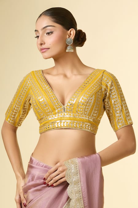 Samyukta Singhania Yellow Silk Gota Patti, Sequins V-neck Embroidered Blouse at Aza Fashions Samyukta Singhania_Yellow Silk Gota Patti, Sequins V-neck Embroidered Blouse _at_Aza_Fashions