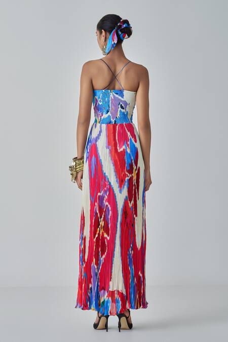 Saaksha & Kinni_Multi Color Chiffon Sweetheart Neck Layla Ikat Print Maxi Dress _at_Aza_Fashions