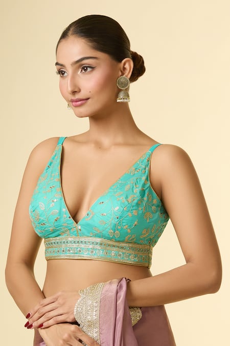 Samyukta Singhania Blue Silk Zari, Sequins Plunge Neck Floral Vine Embroidered Blouse Online at Aza Fashions Samyukta Singhania_Blue Silk Zari, Sequins Plunge Neck Floral Vine Embroidered Blouse _Online_at_Aza_Fashions