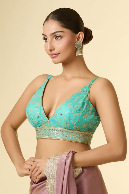 Buy Samyukta Singhania Blue Silk Zari, Sequins Plunge Neck Floral Vine Embroidered Blouse Online at Aza Fashions Buy_Samyukta Singhania_Blue Silk Zari, Sequins Plunge Neck Floral Vine Embroidered Blouse _Online_at_Aza_Fashions