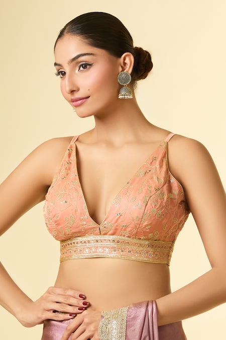 Samyukta Singhania_Peach Silk Zari V-neck Embroidered Blouse _Online_at_Aza_Fashions