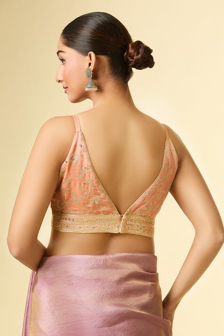 Shop_Samyukta Singhania_Peach Silk Zari V-neck Embroidered Blouse _at_Aza_Fashions