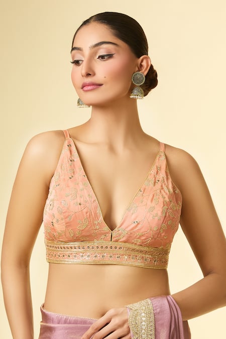 Buy_Samyukta Singhania_Peach Silk Zari V-neck Embroidered Blouse _Online_at_Aza_Fashions