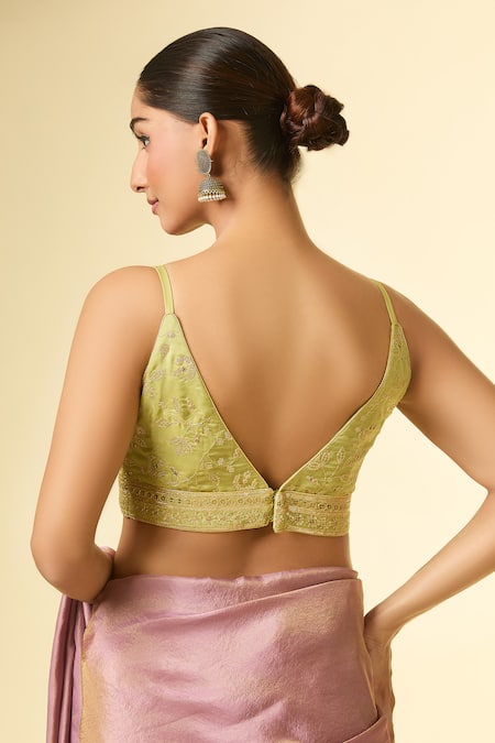 Shop_Samyukta Singhania_Green Silk Embroidery, Sequins Plunge Neck Floral Vine Padded Blouse _at_Aza_Fashions