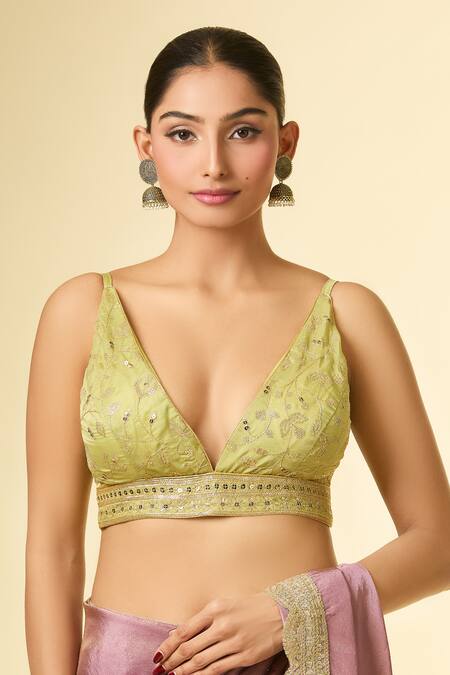 Samyukta Singhania_Green Silk Embroidery, Sequins Plunge Neck Floral Vine Padded Blouse _Online_at_Aza_Fashions
