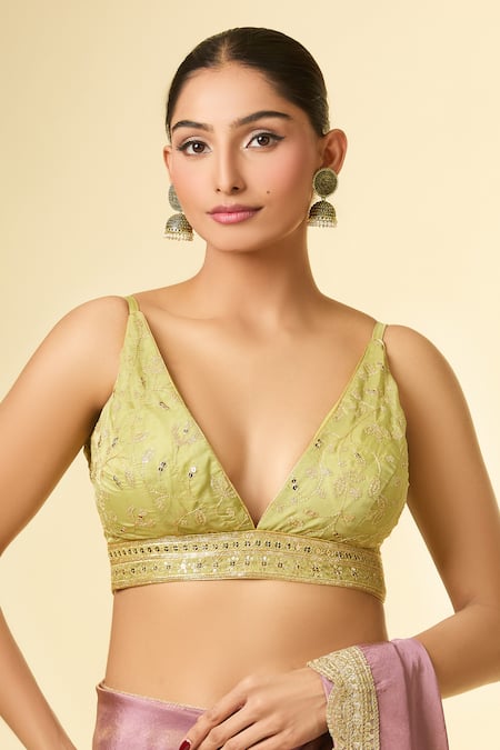 Buy_Samyukta Singhania_Green Silk Embroidery, Sequins Plunge Neck Floral Vine Padded Blouse _Online_at_Aza_Fashions