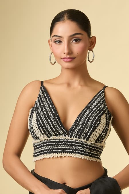 Shop Samyukta Singhania Black Cotton Plunge Neck Geometric Pattern Blouse Online at Aza Fashions Shop_Samyukta Singhania_Black Cotton Plunge Neck Geometric Pattern Blouse _Online_at_Aza_Fashions