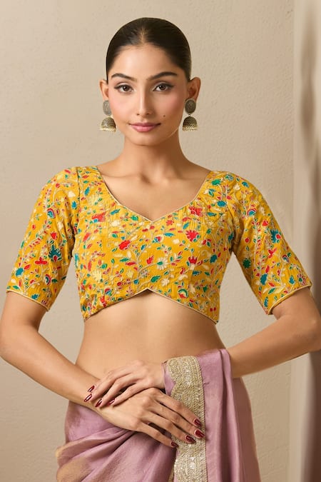 Samyukta Singhania Yellow Silk Beads, Embroidery Floral Vine Print Blouse 