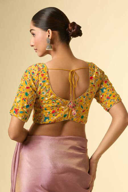 Buy_Naintara Bajaj_Yellow Silk Beads, Embroidery Floral Vine Print Blouse _Online_at_Aza_Fashions