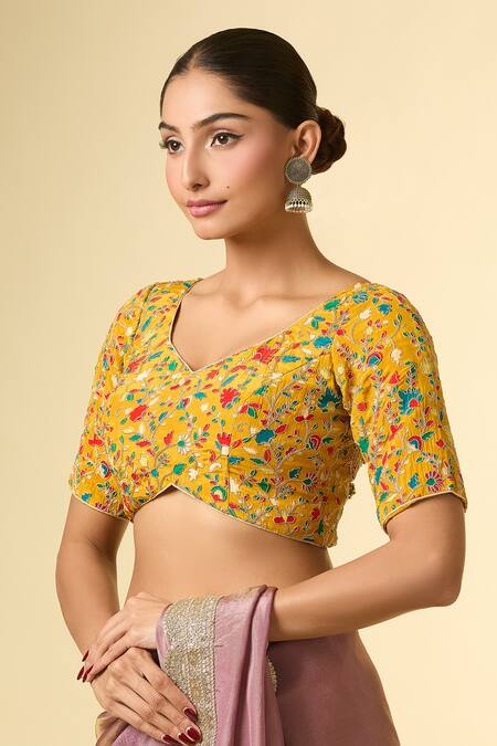 Naintara Bajaj_Yellow Silk Beads, Embroidery Floral Vine Print Blouse _at_Aza_Fashions