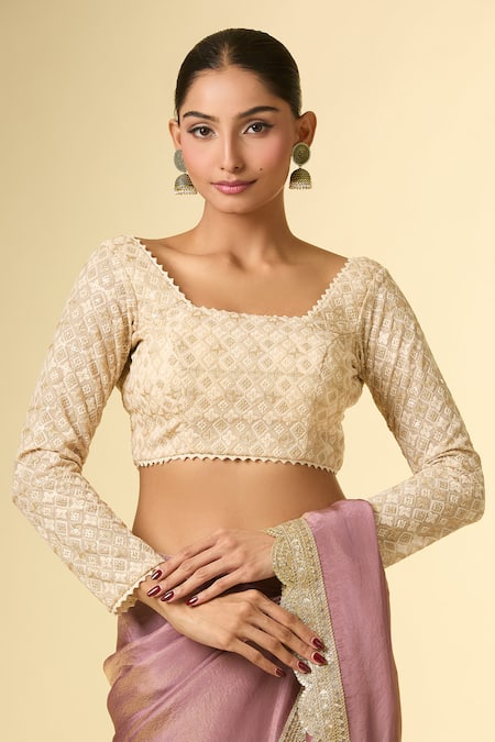 Samyukta Singhania_Off White Georgette Embroidery Square Neck Geometric Thread Blouse _Online_at_Aza_Fashions