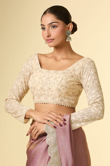 Buy_Samyukta Singhania_Off White Georgette Embroidery Square Neck Geometric Thread Blouse _Online_at_Aza_Fashions