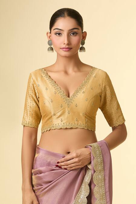 Samyukta Singhania Gold Silk Zari, Sequins V-neck Embroidered Scallop V Blouse Online at Aza Fashions Samyukta Singhania_Gold Silk Zari, Sequins V-neck Embroidered Scallop V Blouse _Online_at_Aza_Fashions