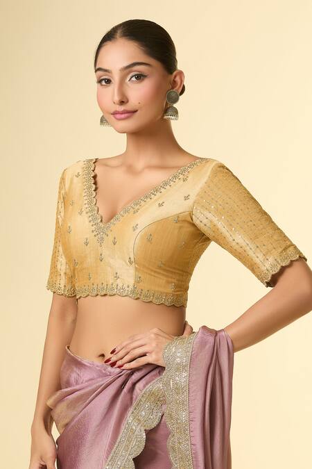 Buy Samyukta Singhania Gold Silk Zari, Sequins V-neck Embroidered Scallop V Blouse Online at Aza Fashions Buy_Samyukta Singhania_Gold Silk Zari, Sequins V-neck Embroidered Scallop V Blouse _Online_at_Aza_Fashions