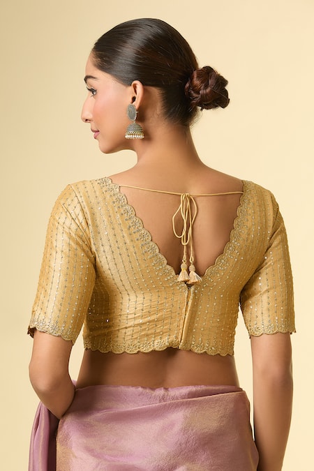 Shop Samyukta Singhania Gold Silk Zari, Sequins V-neck Embroidered Scallop V Blouse at Aza Fashions Shop_Samyukta Singhania_Gold Silk Zari, Sequins V-neck Embroidered Scallop V Blouse _at_Aza_Fashions