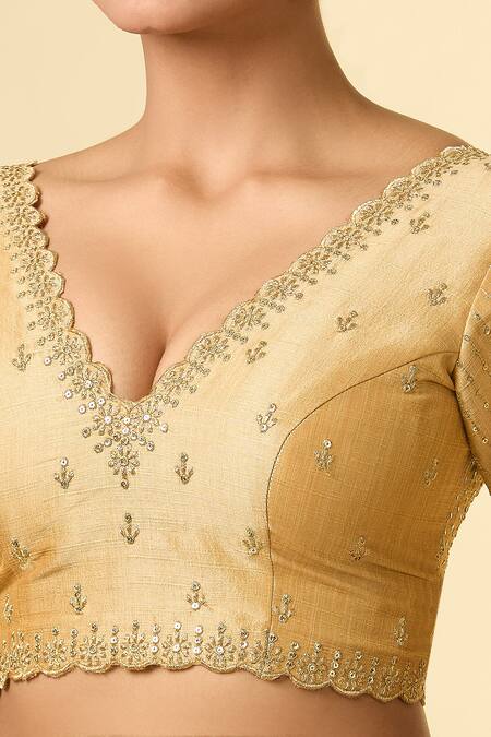 Shop Samyukta Singhania Gold Silk Zari, Sequins V-neck Embroidered Scallop V Blouse Online at Aza Fashions Shop_Samyukta Singhania_Gold Silk Zari, Sequins V-neck Embroidered Scallop V Blouse _Online_at_Aza_Fashions