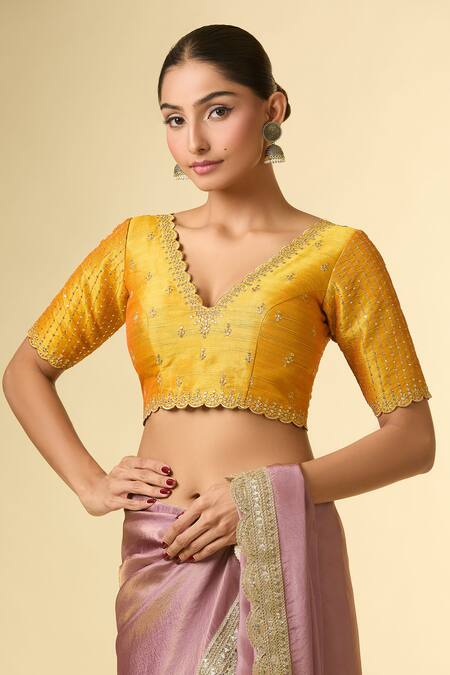 Samyukta Singhania_Yellow Silk Sequins, Zari Scoop Neck Embroidered Mustard Blouse _Online_at_Aza_Fashions