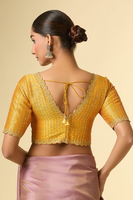 Shop_Samyukta Singhania_Yellow Silk Sequins, Zari Scoop Neck Embroidered Mustard Blouse _at_Aza_Fashions