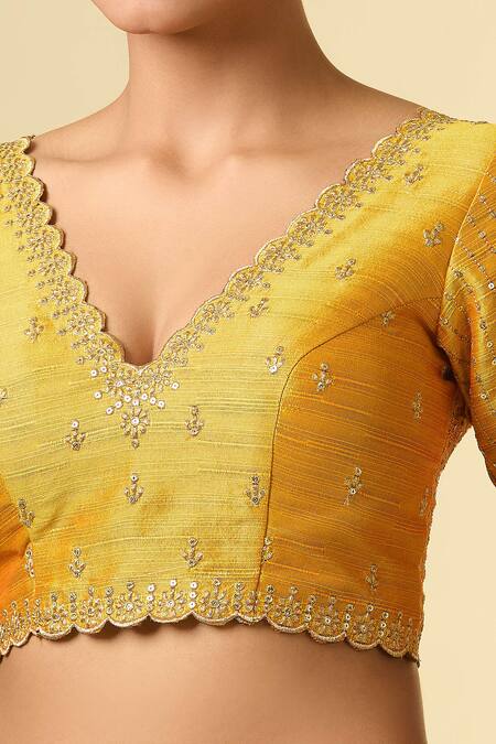Shop_Samyukta Singhania_Yellow Silk Sequins, Zari Scoop Neck Embroidered Mustard Blouse _Online_at_Aza_Fashions