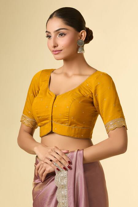 Naintara Bajaj_Yellow Silk Embroidery Zari Leaf Neck Blouse _Online_at_Aza_Fashions