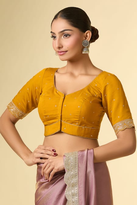 Buy_Naintara Bajaj_Yellow Silk Embroidery Zari Leaf Neck Blouse _Online_at_Aza_Fashions
