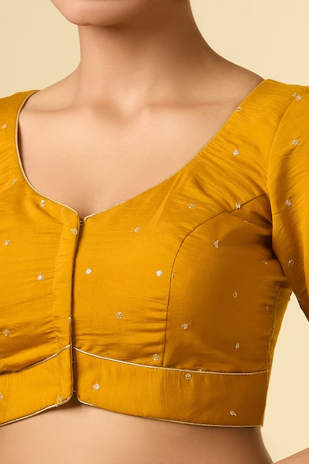 Shop_Naintara Bajaj_Yellow Silk Embroidery Zari Leaf Neck Blouse _Online_at_Aza_Fashions