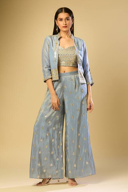 Buy_Samyukta Singhania_Blue Silk, Crepe Sequins, Zari, Embroidery, Mirrors Open Jacket And Palazzo Set_Online_at_Aza_Fashions