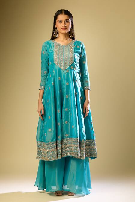 Shop_Samyukta Singhania_Green Silk Embroidery, Sequins Round Neck A-line Kurta Set_Online_at_Aza_Fashions