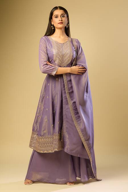 Samyukta Singhania_Purple Silk, Cotton Embroidery, Sequins Round Neck A-line Kurta Palazzo Set_Online_at_Aza_Fashions