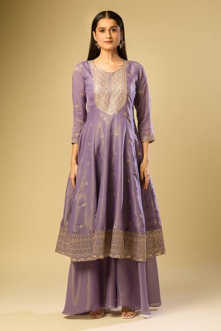 Buy_Samyukta Singhania_Purple Silk, Cotton Embroidery, Sequins Round Neck A-line Kurta Palazzo Set_Online_at_Aza_Fashions