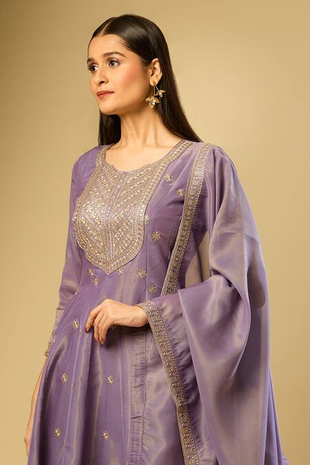 Shop_Samyukta Singhania_Purple Silk, Cotton Embroidery, Sequins Round Neck A-line Kurta Palazzo Set_Online_at_Aza_Fashions