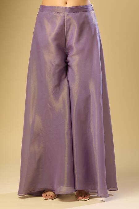 Samyukta Singhania_Purple Silk, Cotton Embroidery, Sequins Round Neck A-line Kurta Palazzo Set_at_Aza_Fashions