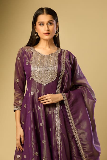 Samyukta Singhania_Purple Sequins, Embroidery Round Neck A-line Kurta And Palazzo Set_Online_at_Aza_Fashions