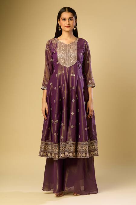 Buy_Samyukta Singhania_Purple Sequins, Embroidery Round Neck A-line Kurta And Palazzo Set_Online_at_Aza_Fashions
