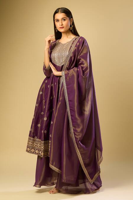 Shop_Samyukta Singhania_Purple Sequins, Embroidery Round Neck A-line Kurta And Palazzo Set_Online_at_Aza_Fashions