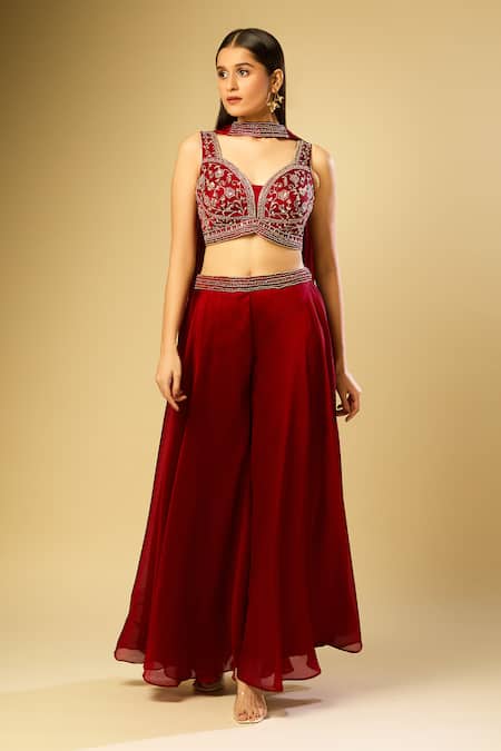 Shop Samyukta Singhania Red Embroidery, Beads V-neck Blouse And Palazzo Set Online at Aza Fashions Shop_Samyukta Singhania_Red Embroidery, Beads V-neck Blouse And Palazzo Set _Online_at_Aza_Fashions