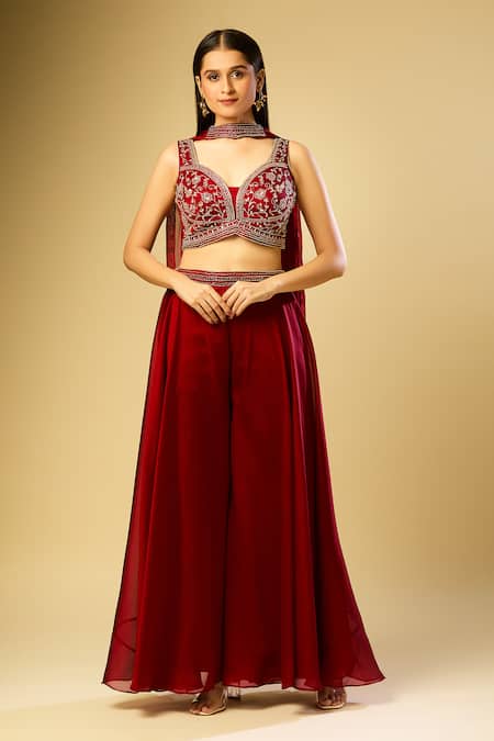 Samyukta Singhania Red Embroidery, Beads V-neck Blouse And Palazzo Set at Aza Fashions Samyukta Singhania_Red Embroidery, Beads V-neck Blouse And Palazzo Set _at_Aza_Fashions
