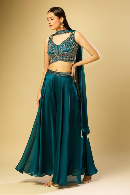 Shop_Samyukta Singhania_Green Georgette, Net Sequins, Cut Work Cutdana Embroidered Blouse And Palazzo Set_Online_at_Aza_Fashions