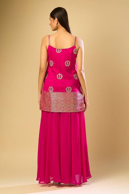 Shop Samyukta Singhania Pink Silk, Georgette Embroidery Scoop Neck Sequin Kurta Palazzo Set at Aza Fashions Shop_Samyukta Singhania_Pink Silk, Georgette Embroidery Scoop Neck Sequin Kurta Palazzo Set_at_Aza_Fashions