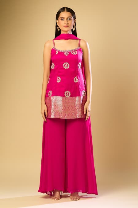 Shop Samyukta Singhania Pink Silk, Georgette Embroidery Scoop Neck Sequin Kurta Palazzo Set Online at Aza Fashions Shop_Samyukta Singhania_Pink Silk, Georgette Embroidery Scoop Neck Sequin Kurta Palazzo Set_Online_at_Aza_Fashions