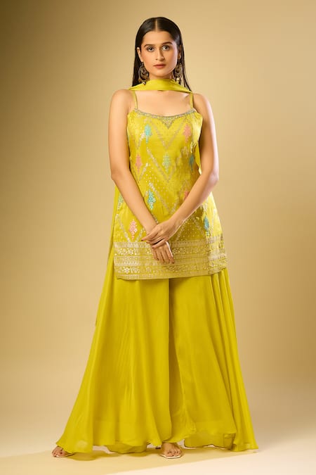 Samyukta Singhania Yellow Chiffon Embroidery, Zari Collared Self Woven Kurta Palazzo Set Online at Aza Fashions Samyukta Singhania_Yellow Chiffon Embroidery, Zari Collared Self Woven Kurta Palazzo Set_Online_at_Aza_Fashions