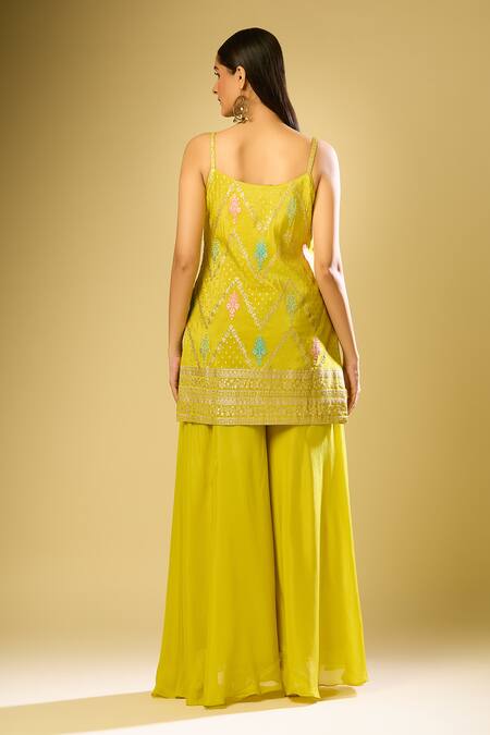 Shop Samyukta Singhania Yellow Chiffon Embroidery, Zari Collared Self Woven Kurta Palazzo Set at Aza Fashions Shop_Samyukta Singhania_Yellow Chiffon Embroidery, Zari Collared Self Woven Kurta Palazzo Set_at_Aza_Fashions