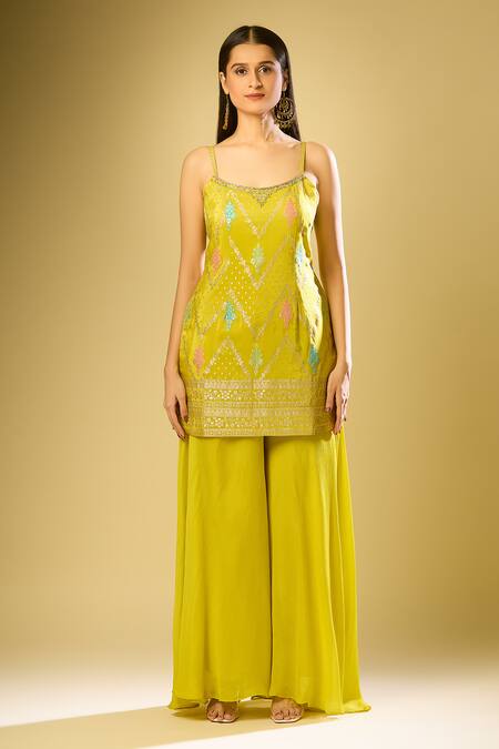 Shop Samyukta Singhania Yellow Chiffon Embroidery, Zari Collared Self Woven Kurta Palazzo Set Online at Aza Fashions Shop_Samyukta Singhania_Yellow Chiffon Embroidery, Zari Collared Self Woven Kurta Palazzo Set_Online_at_Aza_Fashions