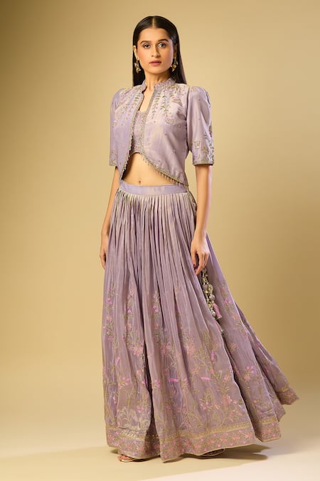 Buy_Samyukta Singhania_Purple Silk, Chiffon Embroidery, Sequins, Cut Work, Beads Sweetheart Lehenga Set_Online_at_Aza_Fashions