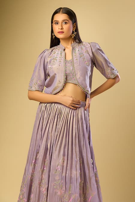Shop_Samyukta Singhania_Purple Silk, Chiffon Embroidery, Sequins, Cut Work, Beads Sweetheart Lehenga Set_Online_at_Aza_Fashions